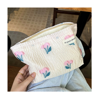 Pochette cosmétique brodée motif tulipe florale avec fermeture éclair, en tissu froissé, organiseur de rangement pour voyage et usage quotidien, crème