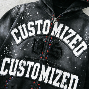 เสื้อฮู้ดดี้แบบมีซิป แต่งเพชร กลิตเตอร์ ปักลายซันเฟด สไตล์วินเทจ ทำสีซีดแบบย้อนยุค ล้างสีแบบแอซิดวอช ประดับคริสตัล - Product Image 4