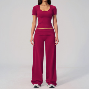 Conjunto de yoga para <span class=keywords><strong>mujer</strong></span> con espalda cruzada, sujetador deportivo, pantalones cortos de ciclista de cintura plegable y pantalones de pierna ancha, conjunto de entrenamiento para gimnasio, pilates y running - Product Image 5