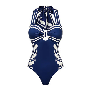 Maillot de bain une pièce monokini pour femme, style halter avec nœud, imprimé dauphin, bordure rayée et découpes, pour la plage, vente en gros, OEM ODM - Product Image 6