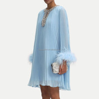 Haut de gamme personnalisé en gros Odm/oem Premium vêtements usine élégante à manches longues plissé Diamante en mousseline de soie plume Mini robe robe