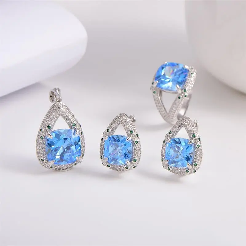 Bijoux en zircone de haute qualité, bijoux fins de mariée faits à la main en chine, or 18k, bleu, saphir, breloque, accessoires, ensemble de bijoux pour femmes