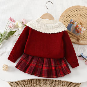 Ensemble Automne Nouveauté 2025 pour Fille : Cardigan en Maille Rouge, Pull à Col <span class=keywords><strong>Fraise</strong></span> et Jupe à Carreaux - Product Image 4
