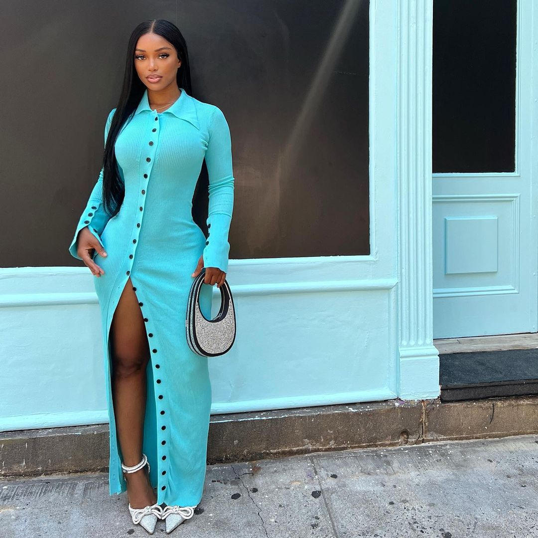 New Hot Style Ribbed Split Sweater Long Knitted Dress Fashionable Elegant  Fancy V Neck Sexy Solid Cardigan Coat Dress