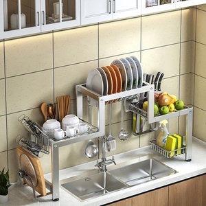 Support de rangement pour vaisselle en acier inoxydable à 2 niveaux avec crochets, étagère de rangement pour casseroles, porte-couteaux, organisateur d'outils - Product Image 1