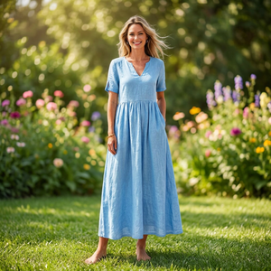 Cotton Midi Dress for Women V Neck High Waist a Line Short Sleeve Flowy Plain Dyed Handmade <b>Bow</b> Summer Beach <b>Gift</b> for Her - Product Image 3