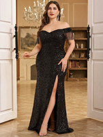 Nouvelles Arrivées Robe de Soirée Grande Taille Femme Épaules Dénudées à Paillettes et Franges avec Fente, Panneau en Maille Brodé, Décolleté Cœur, Noire