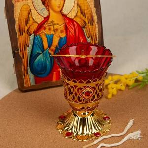 ตะเกียงน้ำมันแบบออร์โธดอกซ์คริสเตียน HT ทำจากโลหะผสมสังกะสี พร้อมถ้วยแก้วสีแดงและขาตั้ง สำหรับแท่นบูชาในโบสถ์และการใช้งานพิธีกรรม - Product Image 2