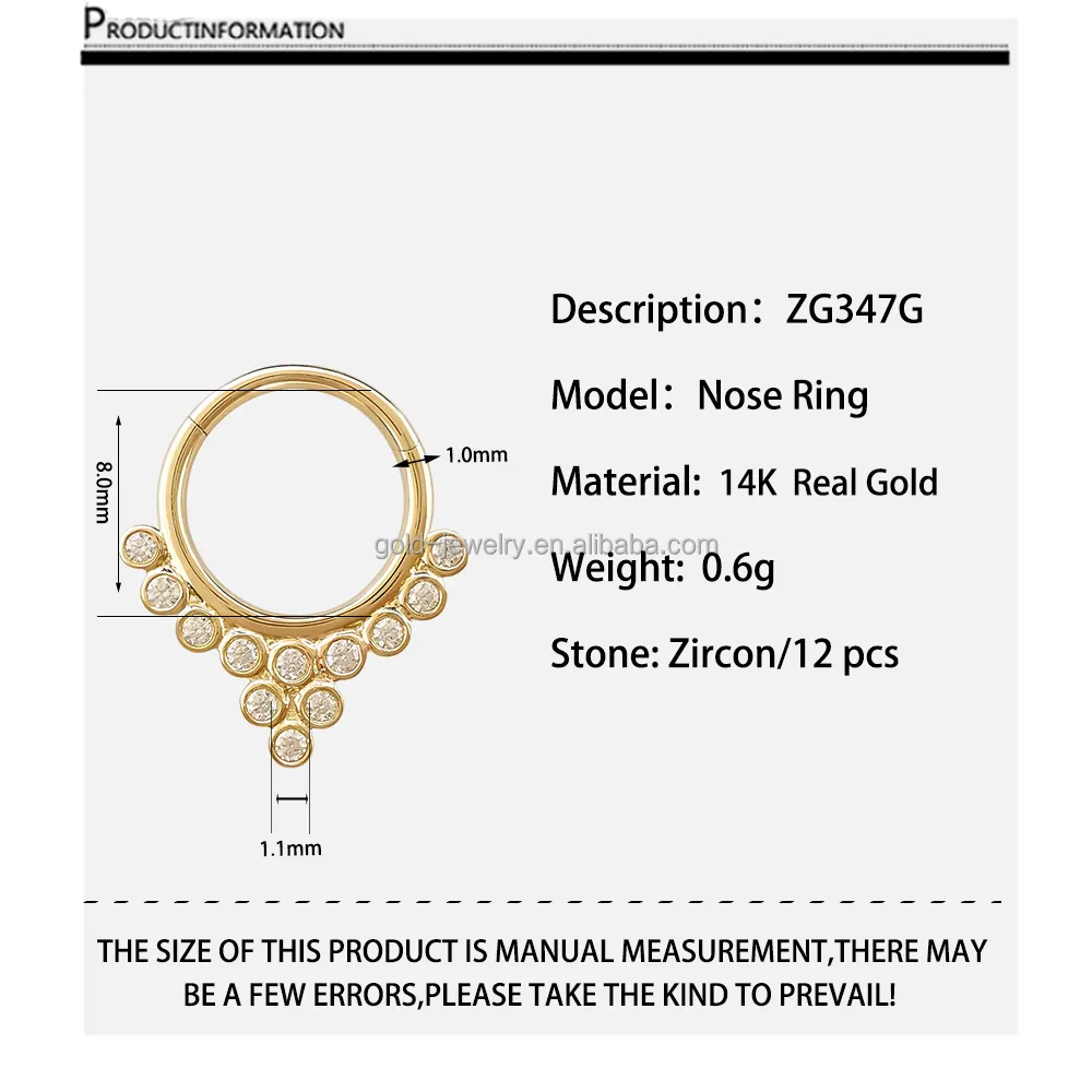 Edler Schmuck 14 Karat massives Gelbgold High Fashion Zirkon Nasenringe Reifen Körpers chmuck Großhandel Mindest bestellung beträgt 2 Stück