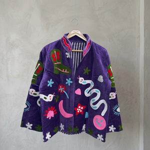 Chaqueta Bomber de Terciopelo Morado Bordada para Mujer, Diseño Celestial, Animal, Floral, Boho, con Forro de Algodón Ecológico, Manga Larga - Product Image 2