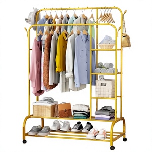 Modern Yellow Metal Clothing Rack with Wheels and Storage <b>Shelves</b> for Living Room Multifunctional <b>Standing</b> Type - Product Image 6