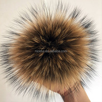 Pompons en fourrure de raton laveur détachables à clipser, vente chaude, 15 cm, fourrure véritable
