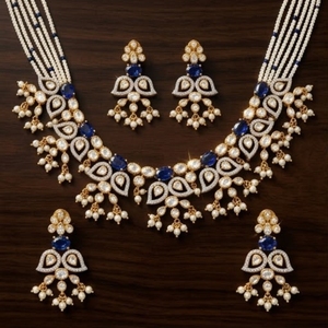 Designer 925 <b>Silver</b> Pearl Kundan Necklace Set With Blue Stone Bridal Jewelry Traditional Wedding <b>Choker</b> Set For Women - Product Image 2