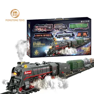 Mainan kereta api, kreatif DIY perakitan plastik Slot uap kendaraan kereta api Model lokomotif lampu musik listrik