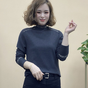 Women's High Neck Long Sleeve Slim Fit Knit Top With Rhinestone Detail Black Dark Gray Pink Burgundy Brown Elegant Soft Base - Product Image 1