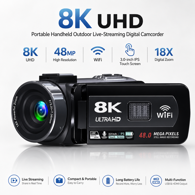 8K Ultra HD Video Camera 48MP Camcorder WiFi 18X Digital Zoom 3.0 Inch IPS Touch Screen Outdoor Live Streaming Digital Camera