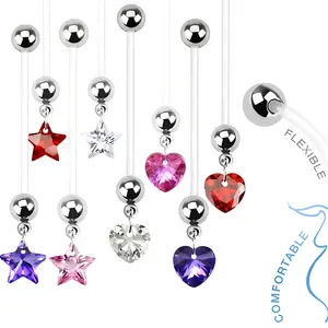 Comfortable Dangle Heart Star CZ Gems Belly Ring Long Clear UV Barbell Navel Piercing Jewelry for Pregnant Women