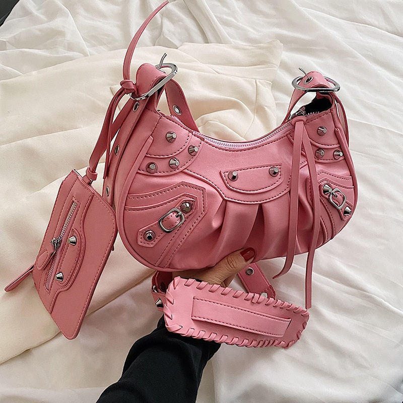 Wholesale Y2K Pleated Crescent Moon Bag - Rivet Biker Bag