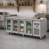Réfrigérateur commercial sous comptoir avec 4 portes en verre, plan de travail en acier inoxydable, avec roulettes pour restaurant, bar