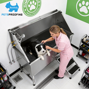 Baignoire <span class=keywords><strong>de</strong></span> toilettage professionnelle pour grands chiens en acier inoxydable avec porte droite et <span class=keywords><strong>escalier</strong></span> rétractable pour salons <span class=keywords><strong>de</strong></span> toilettage - Product Image 1
