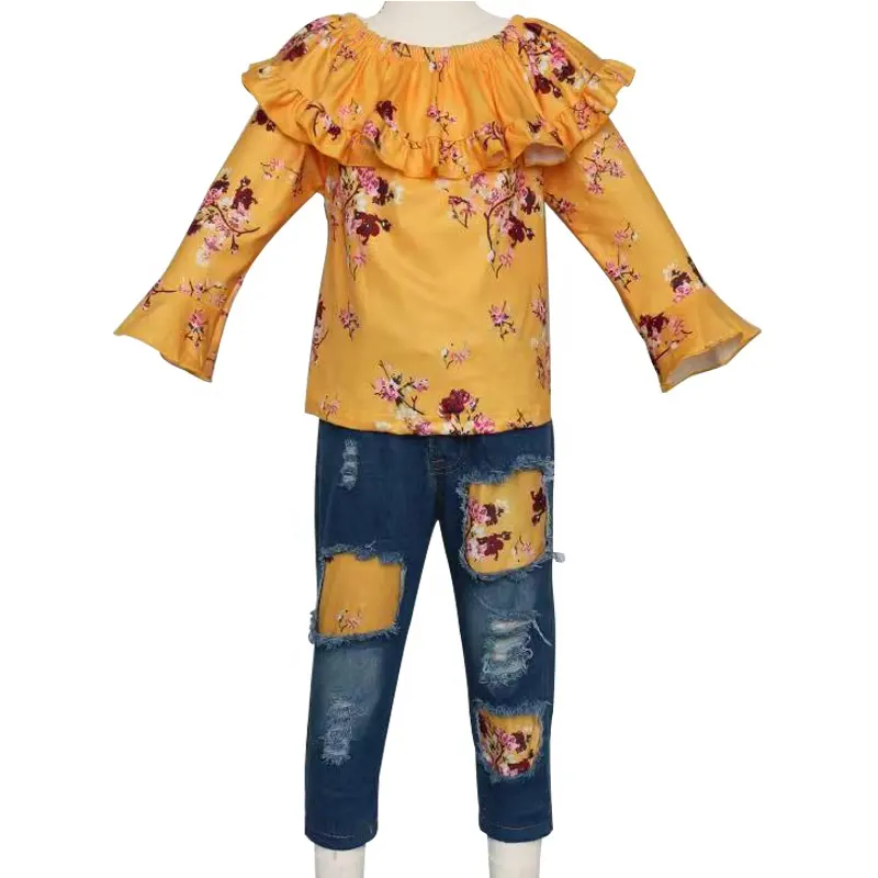 Girlymax Thanksgiving yellow flower scallop ruffle long sleeve shirt patch jeans toddler baby girl