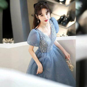 Women's Evening Gown Blue V-neck Empire Waist Ball Gown Chiffon Vintage Fashionable Host Performance Dress - Product Image 2