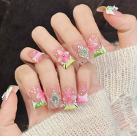 Faux ongles à presser carrés en acrylique faits main, motif floral 3D et fruits d'été, style French, forme cercueil moyenne, pour nail art et salon