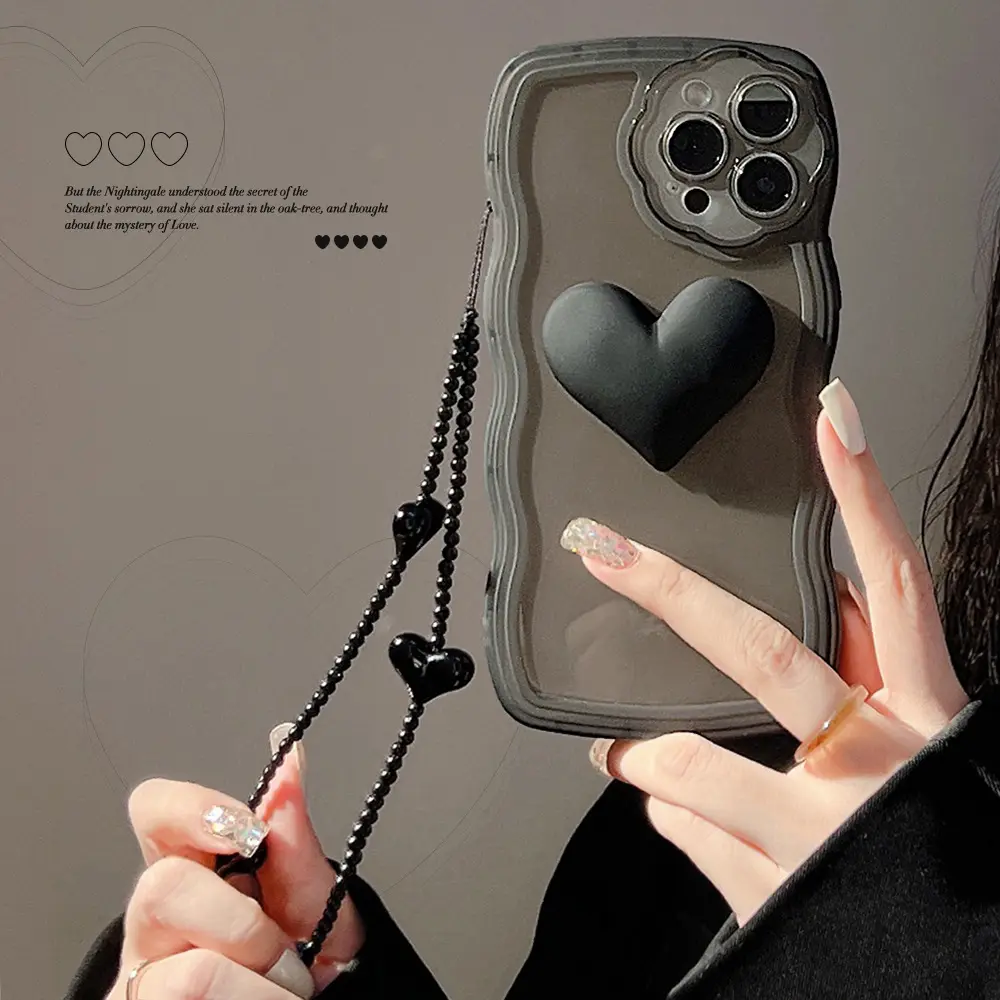 2023 Creative Ins Style Black Diy Phone Case Soft Silicon Heart Phone Case with Lanyard