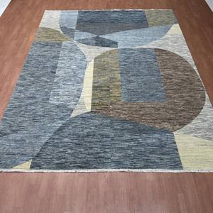 Tapis fait main en laine et soie, noué à la main, bleu ardoise et ivoire, 8x10 pieds, style moderne - Product Image 2