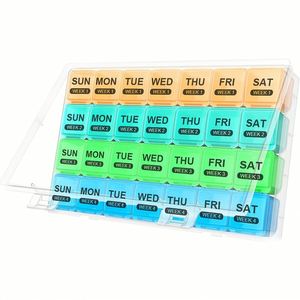 Boîte à pilules colorée portable personnalisée à double dose, organisateur hebdomadaire à 28 compartiments pour médicaments quotidiens – Meilleure vente - Product Image 1