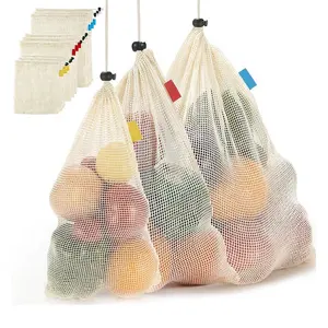 ホットセール100% オーガニックエコフレンドリー収納ショッピングバッグ野菜とフルーツコットンメッシュ巾着ネットバッグ再利用可能なメッシュバッグ