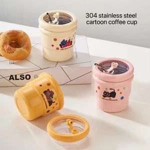 Tazza da <span class=keywords><strong>Caffè</strong></span> in Acciaio Inox 304 con Design Gatto Carino, Bicchiere con Cannuccia e Coperchio Personalizzabile - Product Image 1