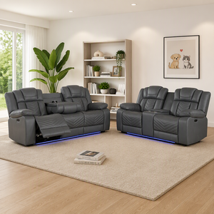 Sofá Seccional Reclinable Gris de 2 Plazas con Luz LED, Tapizado en Cuero Sintético, 3 Posiciones Reclinables, Moderno, para Sala de Estar - Product Image 5