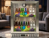 Mini-réfrigérateur compact pour le bureau à domicile, avec porte en verre et structure en acier inoxydable, idéal pour le thé matcha et les boissons aux fruits