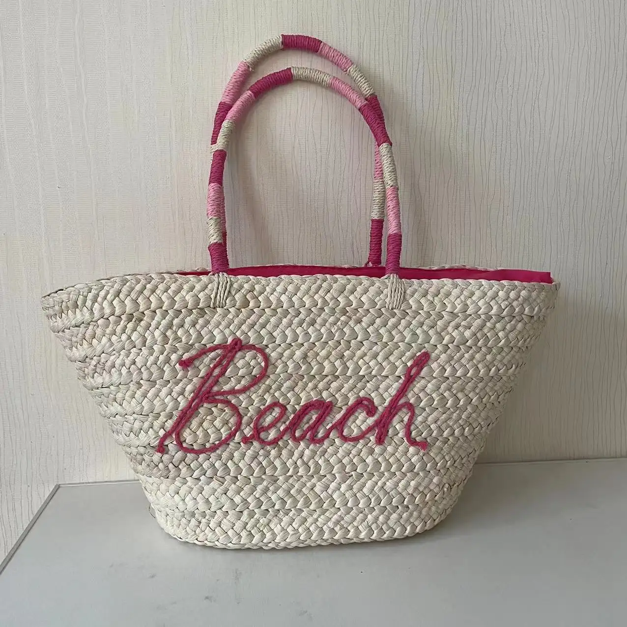 Bolso grande de playa de verano hecho a mano con cáscara de maíz ecológico para mujer, estilo Vintage a la moda, forro de poliéster con doble ASA abierto