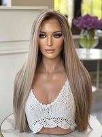 Perruque en dentelle complète sans colle, cheveux humains vierges russes non traités à 100%, blond cendré ombré brun racines, pré-épilée, dentelle HD, cheveux vierges Remy