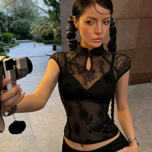 Chinese Style Dragon Embroidery Mesh Top Cheongsam Collar Cut Out Short Sleeve Slim Fit Sexy Hot Girl Casual Tee - Product Image 1