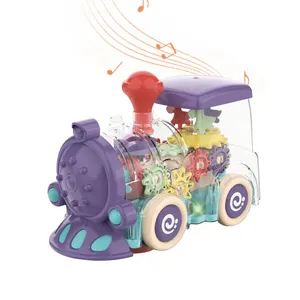 Plastic Children Electric Light Up Transparent Gear Car Train Toy for Toddler with Moving Gears, Sound and Light