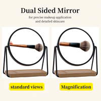 Miroir de maquillage circulaire en acier inoxydable, double face, avec plateau en bois amovible et grossissement, vente en gros
