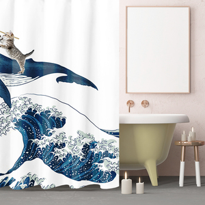 Ensemble de rideau de douche personnalisé en polyester sublimation plus chat <span class=keywords><strong>baleine</strong></span> mer 12 crochets rideaux de douche de salle de bain vierges - Product Image 3
