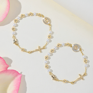 Pulsera de Rosario de Perlas de San Benito para Mujer, Pulsera con Cruz de la Virgen María y Circonitas - Product Image 2
