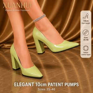 Nouveaux modèles Xuanhui – Escarpins à talon carré de 10 cm, bout pointu verni brillant, style coréen, grandes tailles européennes 35-46, couleur unie basique - Product Image 1