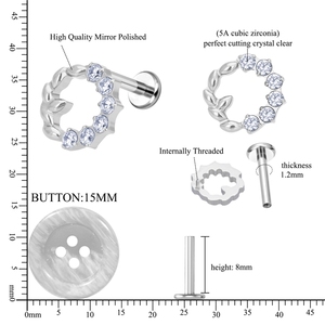 Pendientes de titanio ASTM F136 de alta calidad con diseño de hojas de arce y circonitas, redondos, para la parte superior del lóbulo, joyería corporal para mujer - Product Image 2