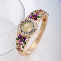 Jam Tangan Gelang Wanita Mewah Elegan Rose Gold Bunga Bangle Jam Tangan Wanita Berlian Imitasi Jam Montre Femme Relojs Saati