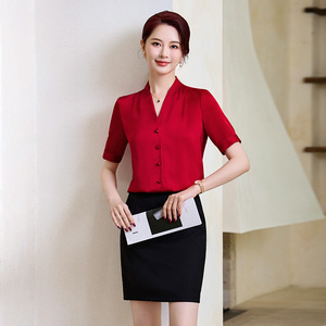 White Satin Chiffon Blouse Short Sleeve Elegant Office Shirt Women's Top With Sheer Layer - Product Image 3