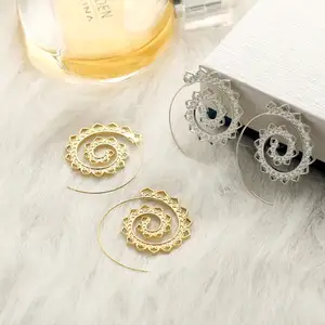 Fashion Women Gold Earrings Tribal Brass Earring Flower Leafs Spiral Brass or Silver Hoops