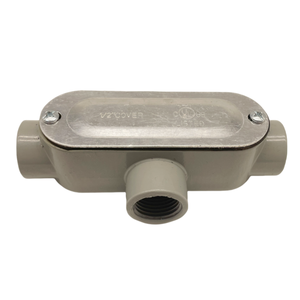 Cuerpo de conducto en <span class=keywords><strong>T</strong></span> roscado de aluminio gris troquelado de 1/2-4 pulgadas con juego de caja de conexiones de cubierta de acero estampado que incluye junta de tornillo - Product Image 1