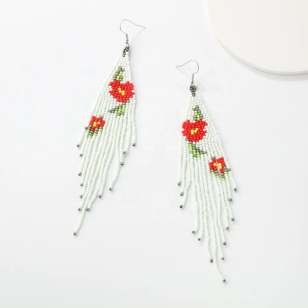 2024 New Arrival Flower Pattern Stainless Steel Hook Earrings Miyuki Beads Handmade Dangle Drop Tassel Earrings