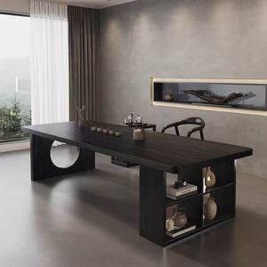 <b>Solid</b> <b>Wood</b> Slab Tea Table <b>Desk</b> Combo Wabi Sabi Style Black Office Living Room Home Use - Product Image 1