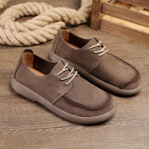 Chaussures pour hommes à bout rond en cuir véritable, à lacets, respirantes, style rétro, décontractées, semelle souple, dessus en cuir de vache - Product Image 2